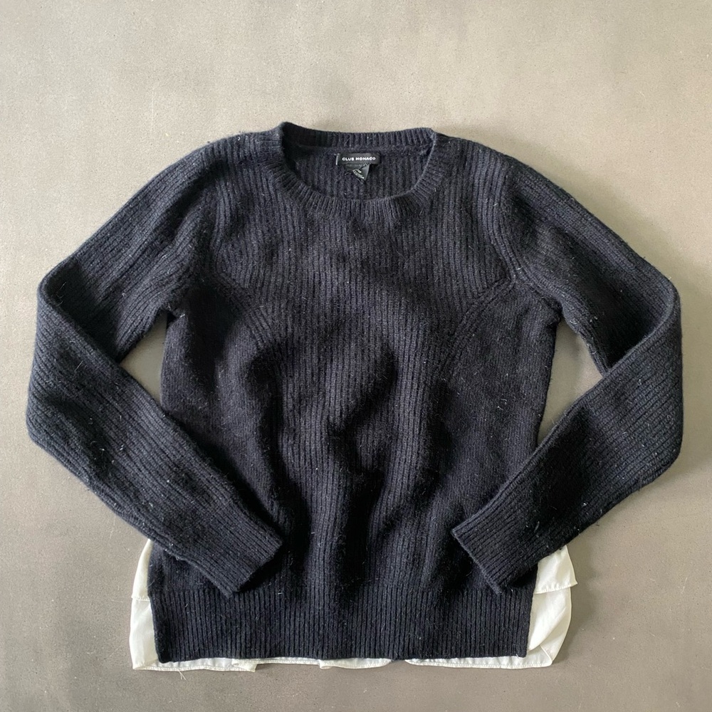 Club Monaco XS Black Ivory Wool Angora Blend Sweater Back Ruffle Detail